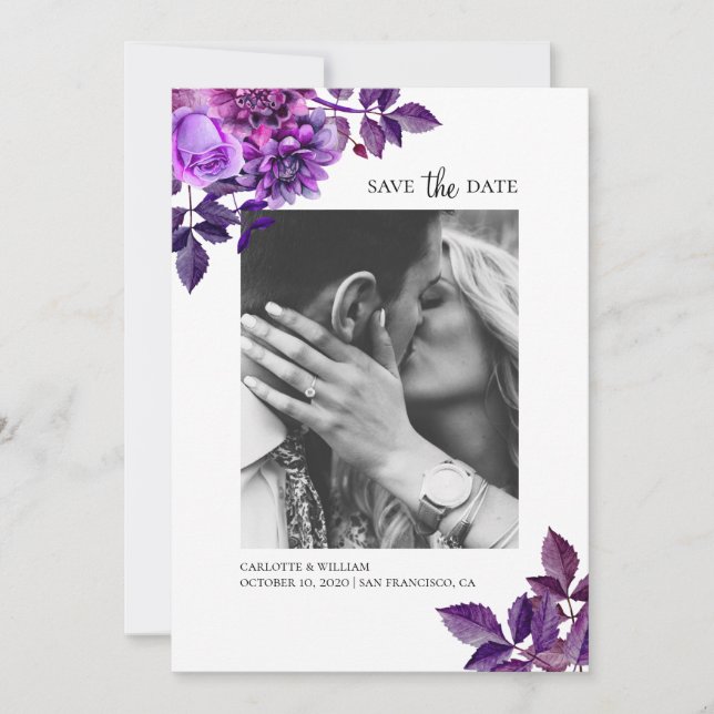 Save The Date Fleurs violettes à l'aquarelle. Photo florale lila (Devant)