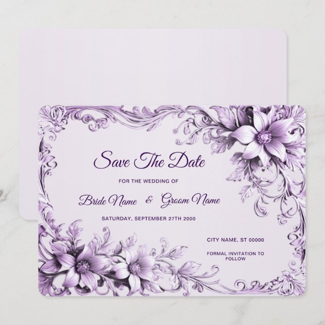 Save The Date Fleurs violettes Élégantes Enregistrer La Date (Devant / Derrière)