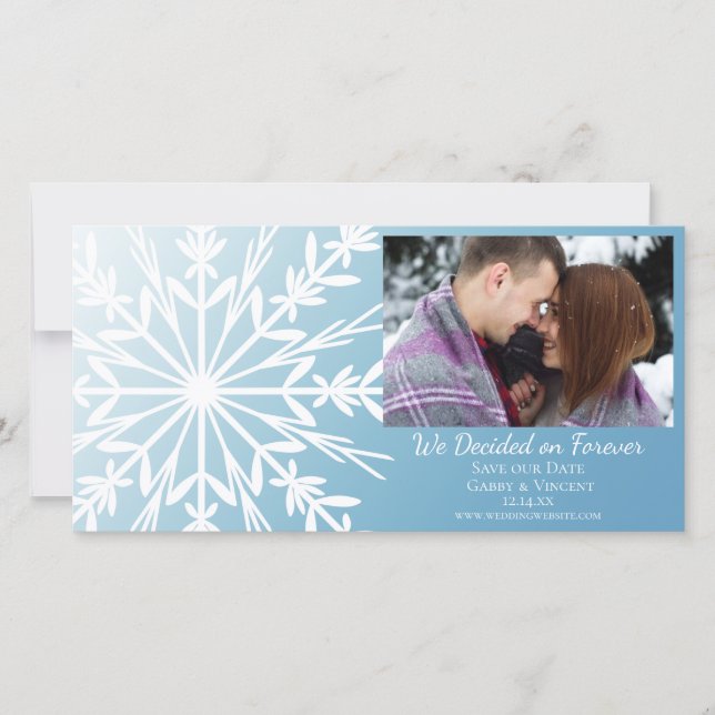 Save The Date Flocon de neige blanc sur glace Bleu Mariage d'hiv (Devant)