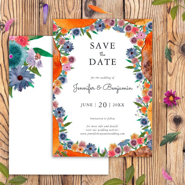 Save The Date Floral Aquarelle Boho Chic Widflower Mariage (Front/Back)