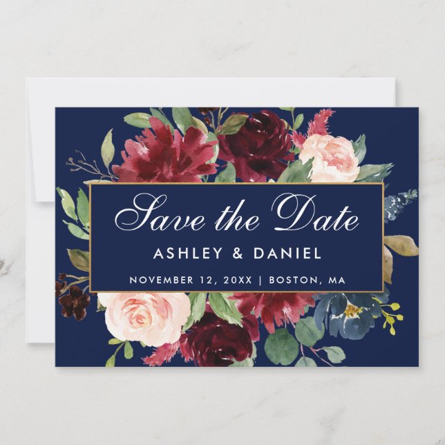Save The Date Floral Bleu Bourgogne Or Enregistrer La Date (Devant)
