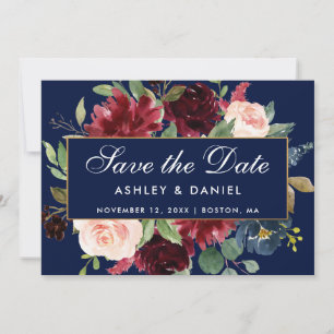 Save The Date Floral Bleu Bourgogne Or Enregistrer La Date