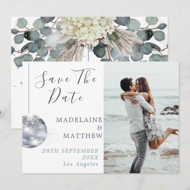 Save The Date Floral Blue Eucalyptus Disco Mariage élégant (Devant / Derrière)