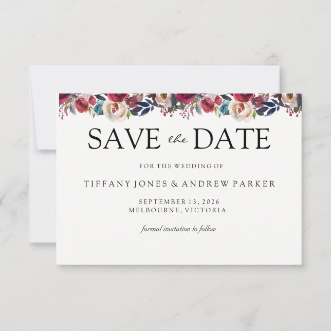 Save The Date Floral bordeaux moderne enregistrer la date mariag (Devant)
