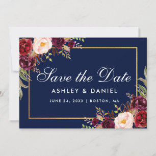 Save The Date Floral Bourgogne Bleu Or Enregistrer La Date