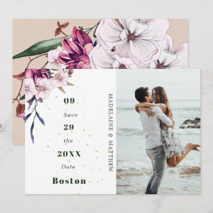 Save The Date Floral Bourgogne Photo Gold Blush Élégant Chic