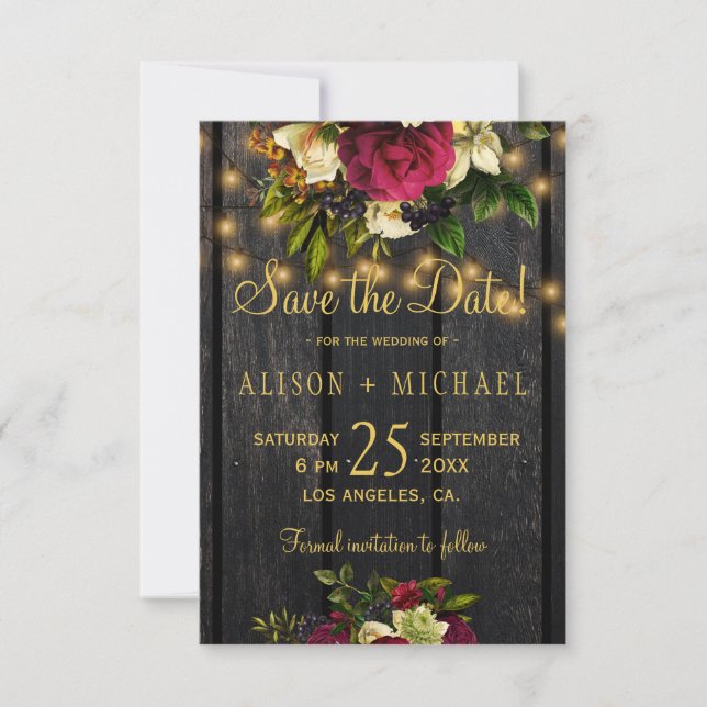 Save The Date Floral burgundy bois PHOTO enregistrer la date mar (Devant)