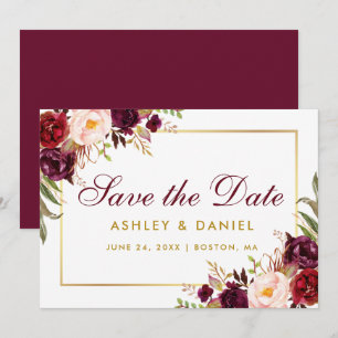 Save The Date Floral Burgundy Gold BB