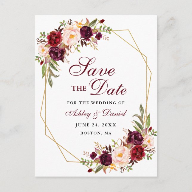 Save the Date Floral Burgundy Gold Frame Announcement Postcard (Front)