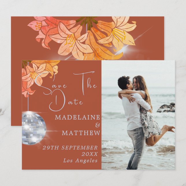 Save The Date Floral Burnt Orange Disco Enregistrer La Date Mari (Devant / Derrière)