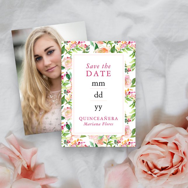 Save The Date Floral Chic Pink Gold Editable Quinceanera Photo (Photo Save the Date from my Floral Chic Quinceanera Collection
)