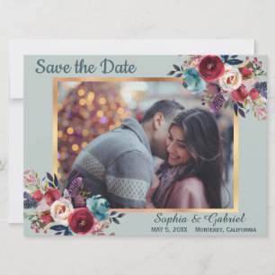 Save The Date Floral de la marine bourguignonne sur Mint Green E
