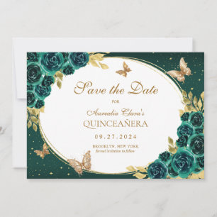 Save The Date Floral Emerald Gold Tiara Butterfly Quinceañera