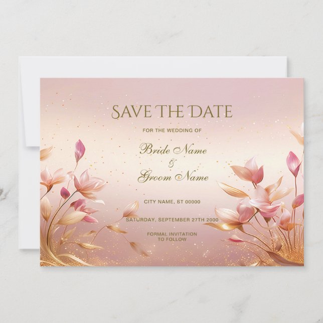 Save The Date Floral Feuille Rose Or Enregistrer La Date (Devant)