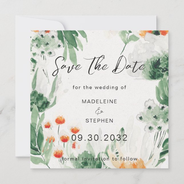 Save The Date Floral Fleur sauvage vert et orange (Devant)