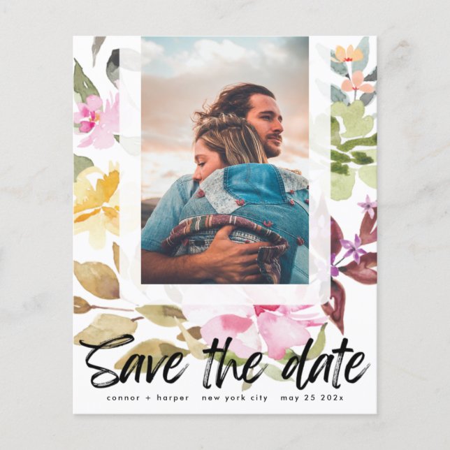 save the date Floral Frame budget QR Code Photo Flyer (Front)
