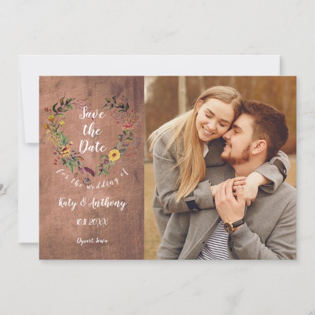Save the Date Floral Heart Rustic Wood Photo (Front)