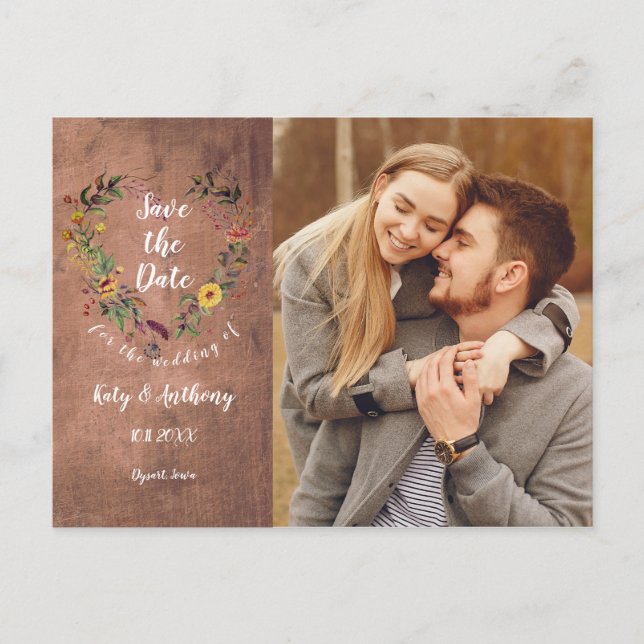 Save the Date Floral Heart Rustic Wood Photo Postcard (Front)