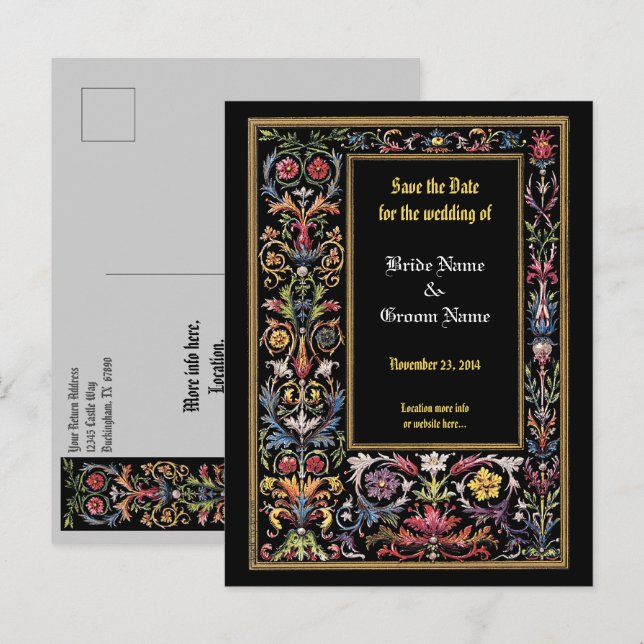 Save the Date Floral Illuminated Medieval Postcard (Front/Back)