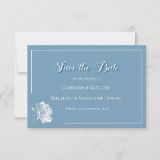 Save The Date Floral Line Art Dusty Blue White Wedding