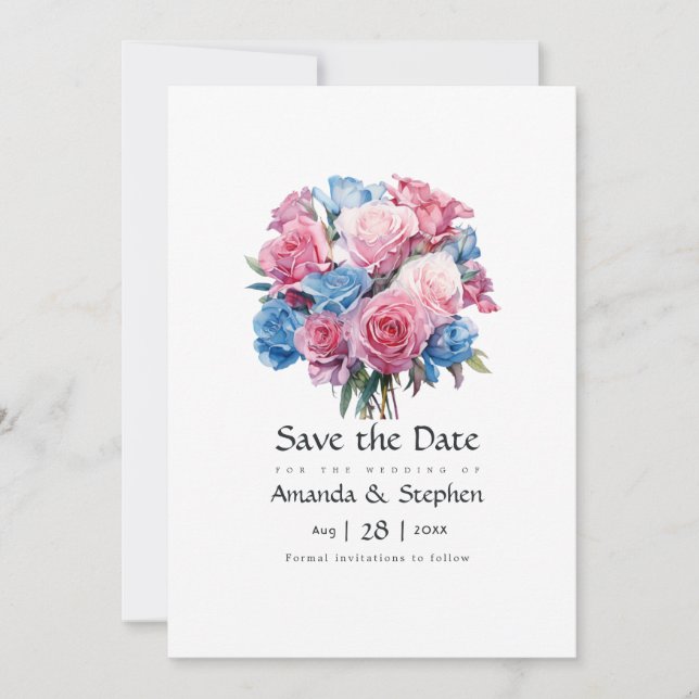 Save The Date Floral Mariage rose et bleu (Devant)