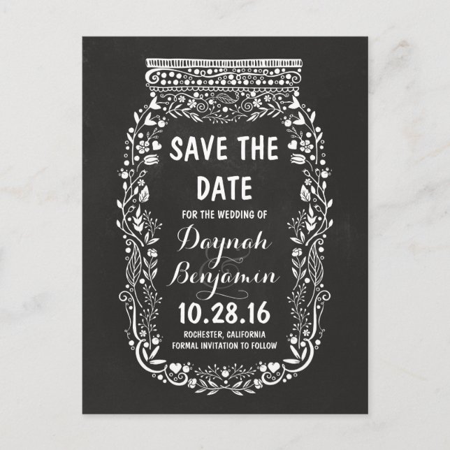 SAVE THE DATE FLORAL MASON JAR CHALKBOARD ANNOUNCEMENT POSTCARD (Front)
