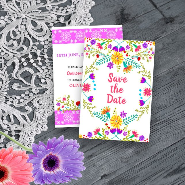 Save The Date Floral mexicain Fiesta & Papel Picado Blanc (Save the Date card from my Mexican Fiesta Flowers Quinceanera Collection)