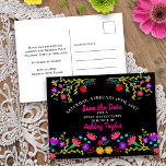Save the Date Floral Mexican Fiesta Black Sweet 16 Announcement Postcard<br><div class="desc">Floral Save the Date Postcard which you can customize to suit any occasion. The pretty design has an abundance of Mexican Fiesta flowers on the front with pink typography and a black background. The template is set up for you to personalize the postcard with your special date, your occasion and...</div>