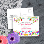 Save the Date  Floral Mexican Fiesta White Announcement Postcard<br><div class="desc">Save the Date Postcard which you can customize to suit any occasion. The floral design has an abundance of pretty Mexican Fiesta flowers on the front with sweet typography in pink. The template is set up for you to personalize the postcard with your special date, your occasion and your name,...</div>