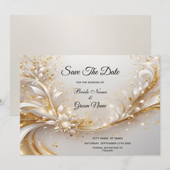 Save The Date Floral Or Blanc Enregistrer La Date (Devant / Derrière)