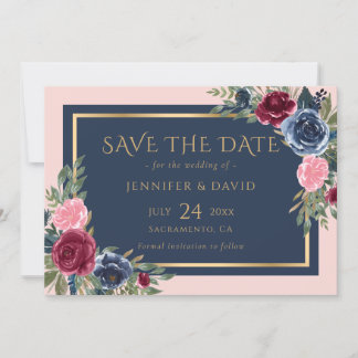 Save The Date Floral or bleu Bourgogne bleu marine moderne