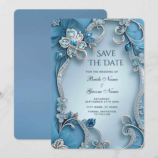 Save The Date Floral Orné Bleu Enregistrer La Date (Devant / Derrière)