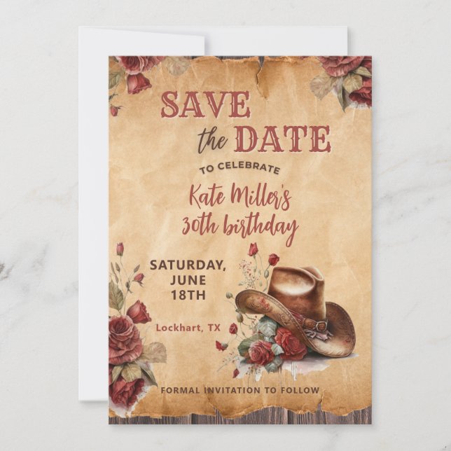 Save The Date Floral Red Western chauve-fille chapeau Anniversai (Devant)
