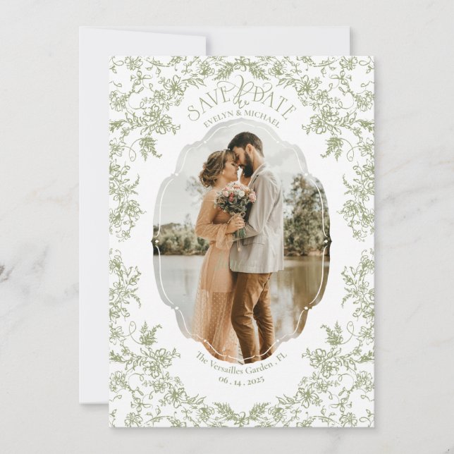 Save The Date Floral Romance Chinoiserie classique Amour Eucalyp (Devant)