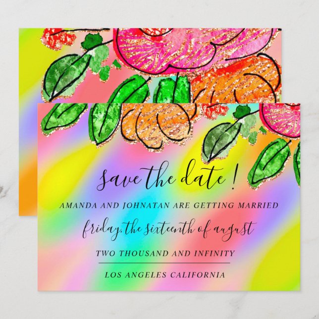 Save The Date Floral Rose Glitter Holograph Unicor (Front/Back)