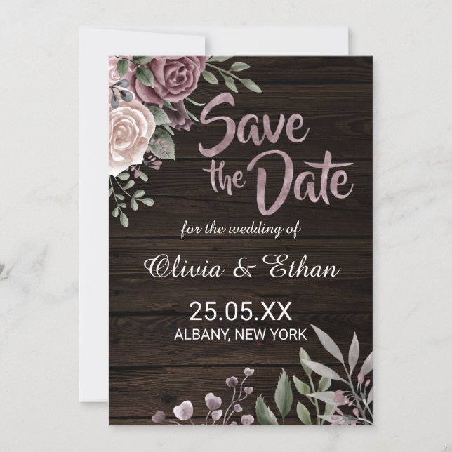 Save The Date Floral Rose roux sur bois foncé (Devant)