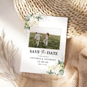 Save The Date Floral Roses Blanches Sauvez la Date avec Photo
