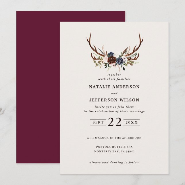 Save The Date Floral rustique et bois marine mariage bordeaux (Devant / Derrière)