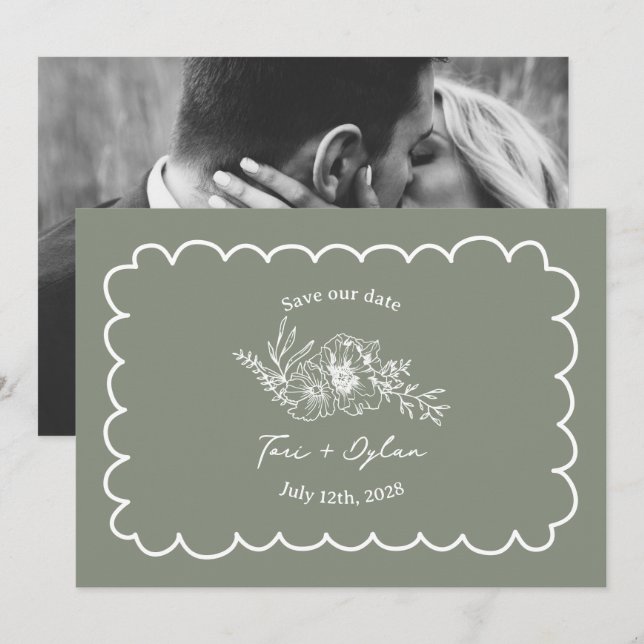 Save The Date Floral Sage Green Botanique Enregistrer La Date Ph (Devant / Derrière)