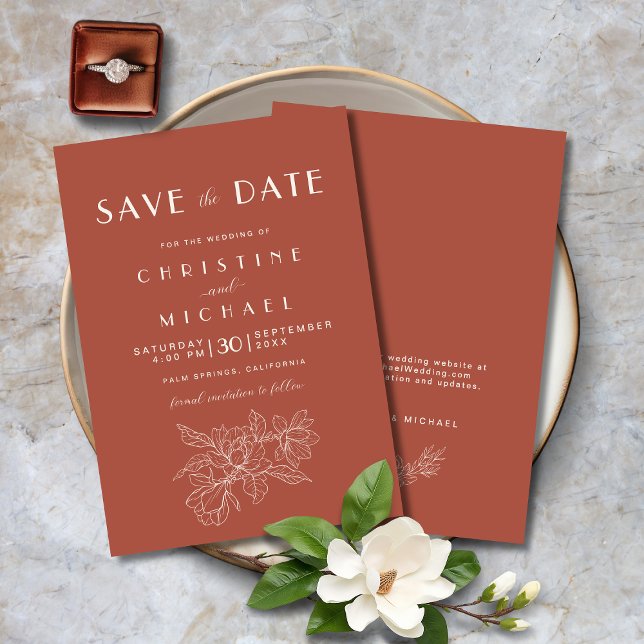 Save The Date Floral Terracotta Élégant mariage BOHO (Floral Terracotta Elegant Wedding BOHO Save the Date Invitation with Magnolia Flowers, Website.)