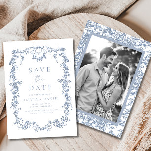Save The Date Floral victorien Dusty Blue Photo Mariage français