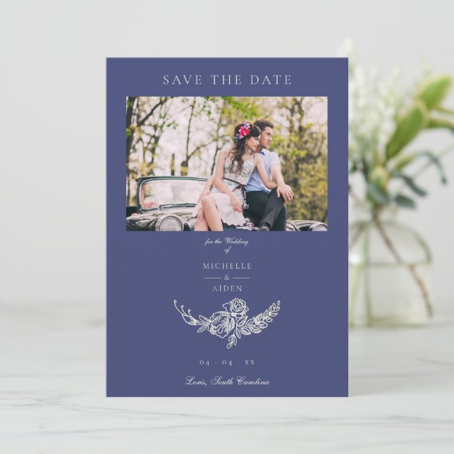 Save The Date Floral Wreath Navy White Photo Classic Mariage (Debout devant)
