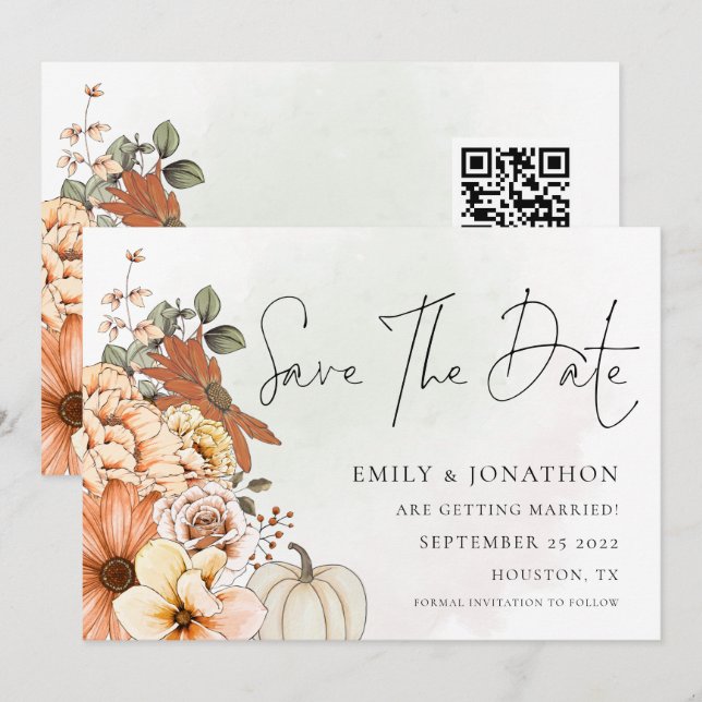 Save The Date Florales d'automne Aquarelles QR Code Mariage (Devant / Derrière)