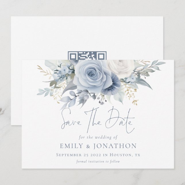 Save The Date Florales modernes Dusty Blue Texte QR Code Mariage (Devant / Derrière)