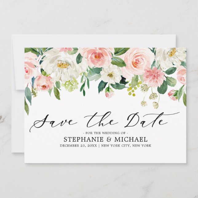 Save The Date Florales rose pâle Mariage botanique moderne (Devant)