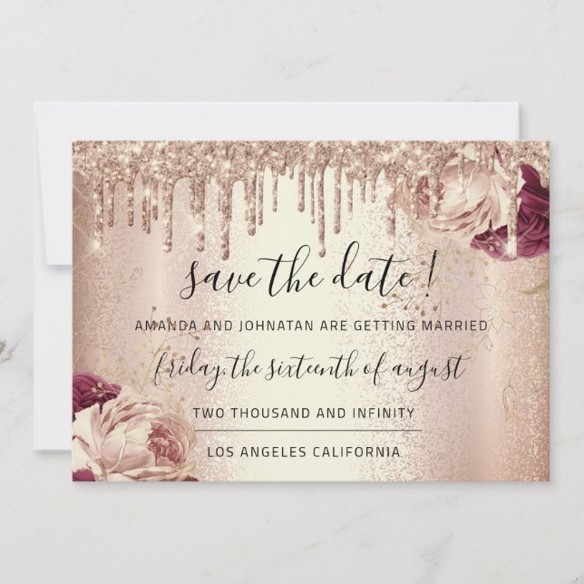 Save The Date  Florals Rose Mint Drips Marsala (Front)