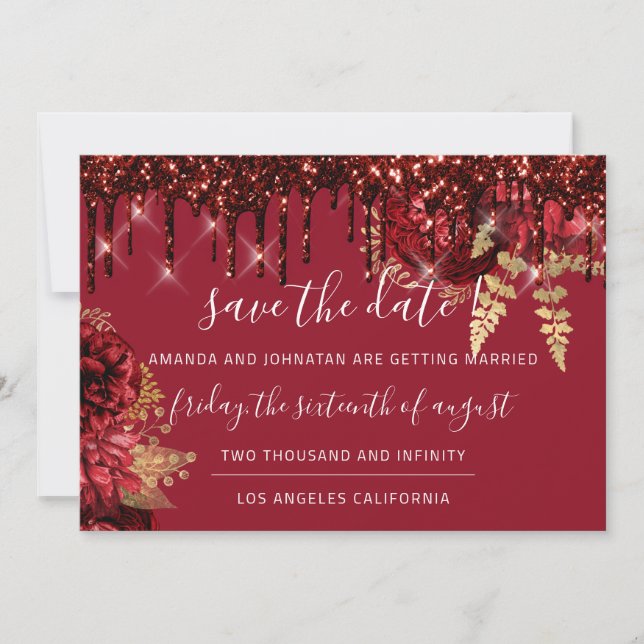 Save The Date  Florals Roses Drips Burgundy Gold (Front)