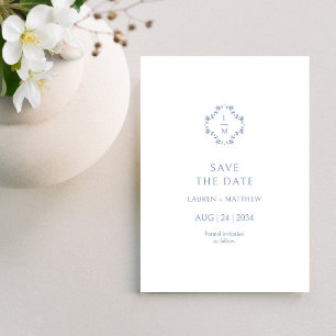 Save The Date Flore bleu et blanc Mariage monogramme plat