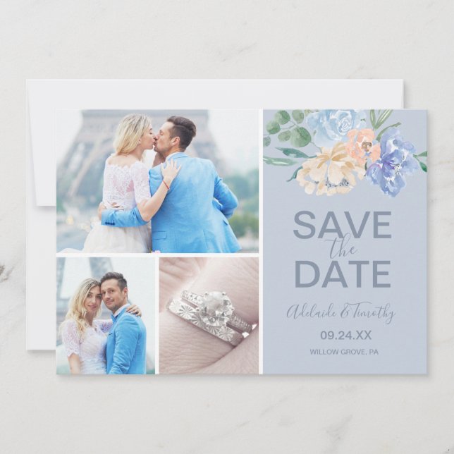 Save The Date Flore bleu poussiéreux | Slate 3 - Collage photo (Devant)