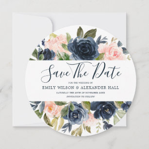 Save The Date Flore d'aquarelle Blush & Navy Mariage moderne